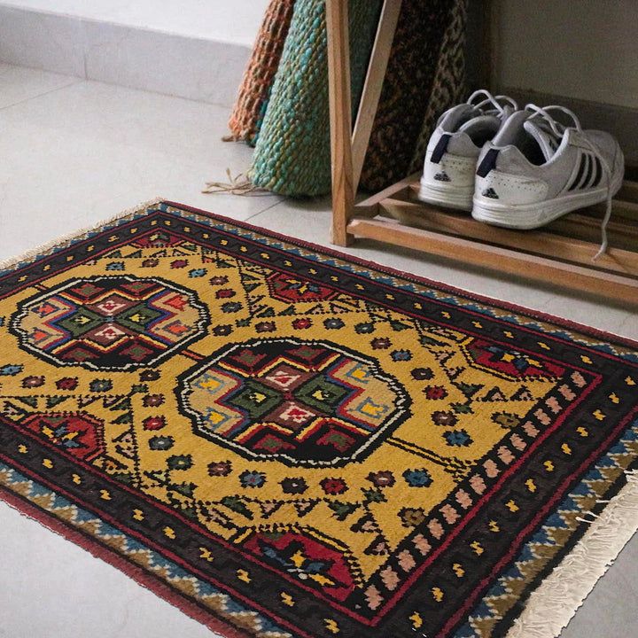Yellow Afghan Oriental Rug 1' 4" x 1' 10" Hand-Knotted view