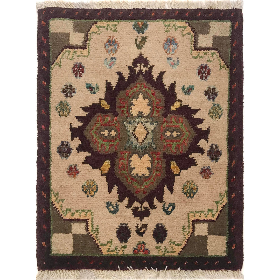 Ivory Afghan Doormat Rug 1' 6" x 1' 11" Hand-Knotted