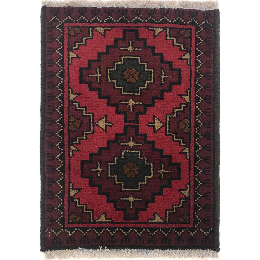 Red Afghan Doormat Rug 1' 4" x 2' 0" Hand-Knotted
