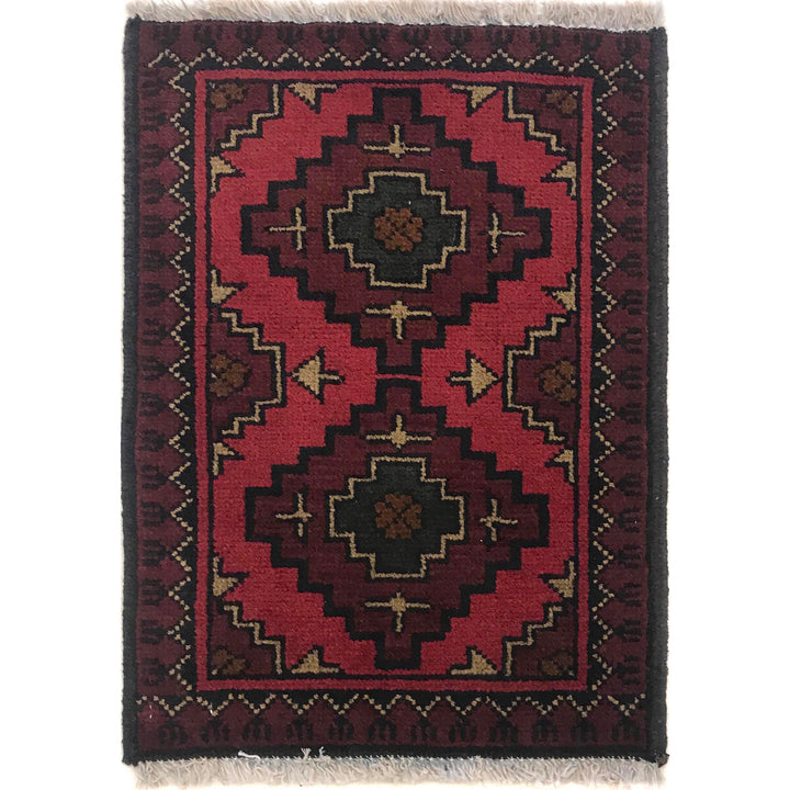 Red Afghan Doormat Rug 1' 4" x 2' 0" Hand-Knotted