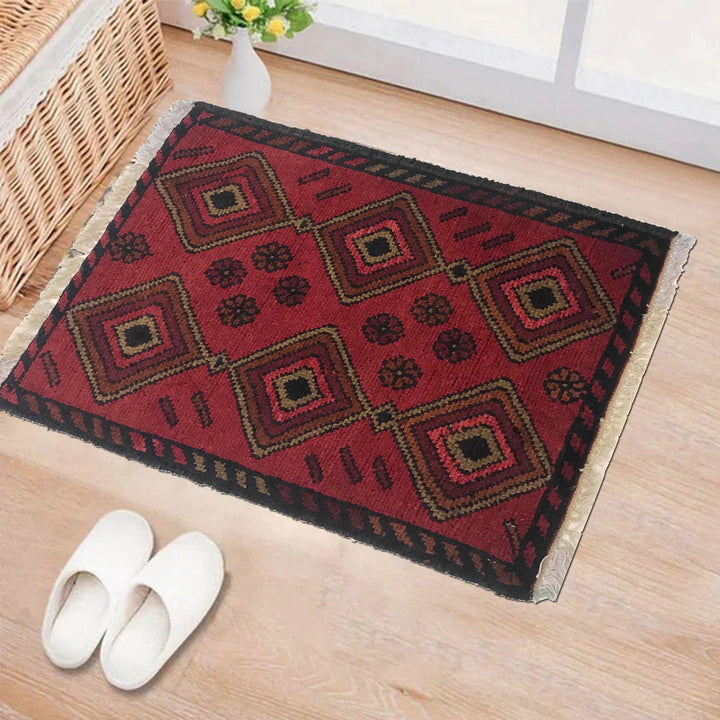 Red Afghan Doormat Rug 1' 5" x 2' 0" Hand-Knotted detail