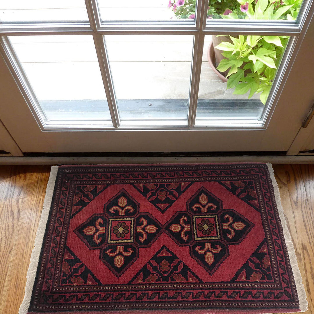 Red Afghan Doormat Rug 1' 6" x 2' 0" Hand-Knotted view