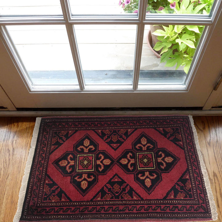 Red Afghan Doormat Rug 1' 6" x 2' 0" Hand-Knotted view