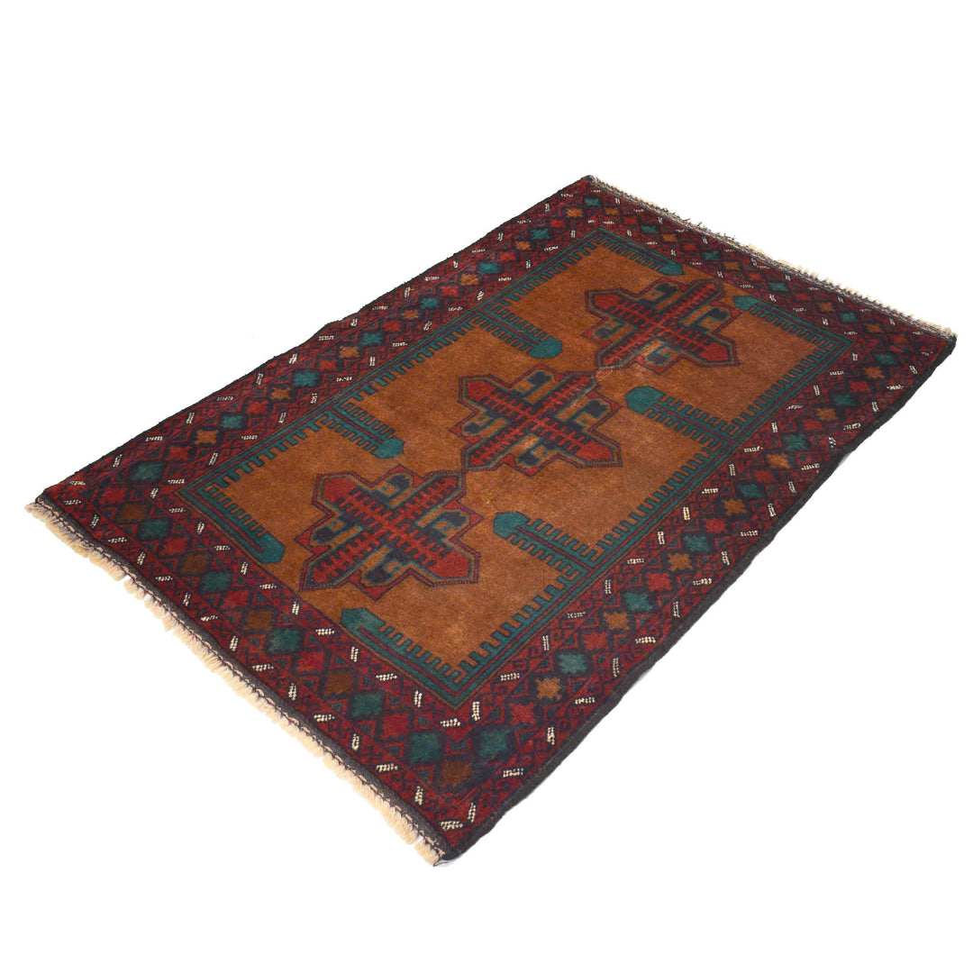 Brown Afghan Baluchi Rug 3' 0" x 4' 4" Hand-Knotted detail