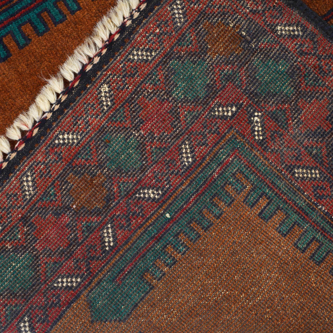 Brown Afghan Baluchi Rug 3' 0" x 4' 4" Hand-Knotted close-up