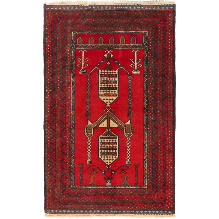 Red Afghan Prayer Rug 2' 10" x 4' 6" Hand-Knotted