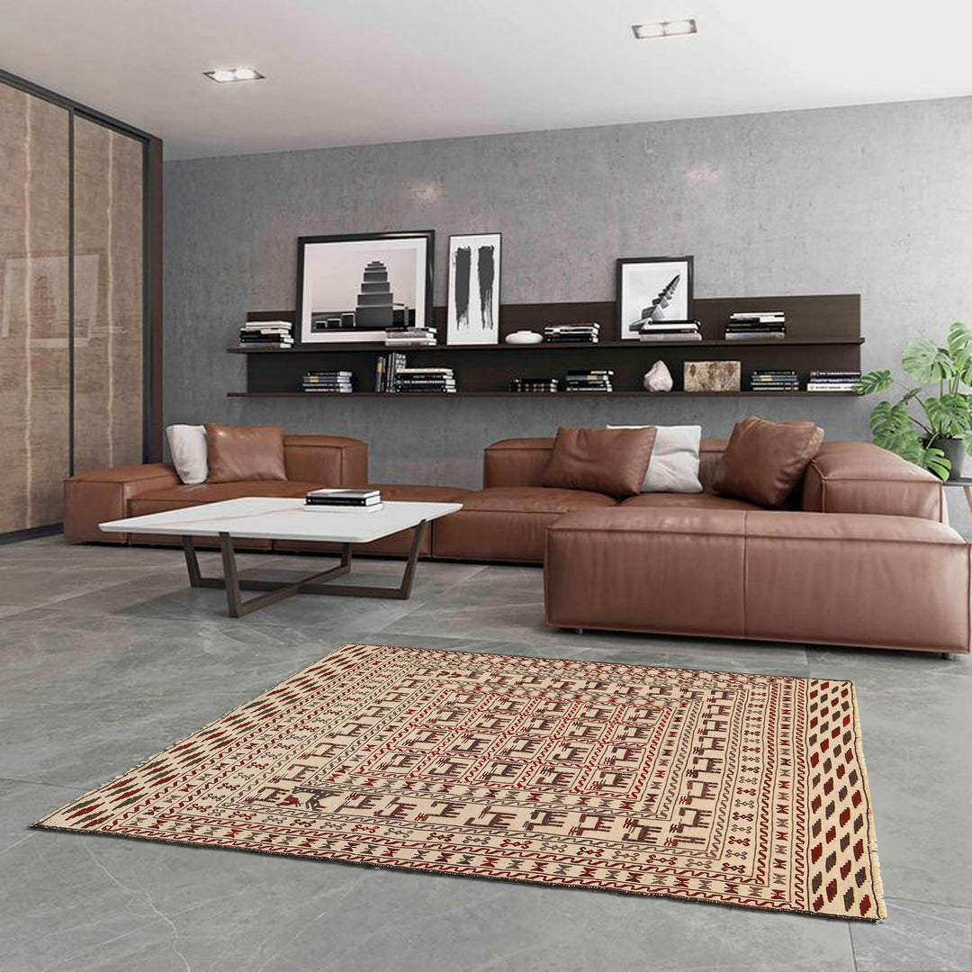 White Afghan Soumak Rug 4' 4" x 6' 2" Flat-Weave field