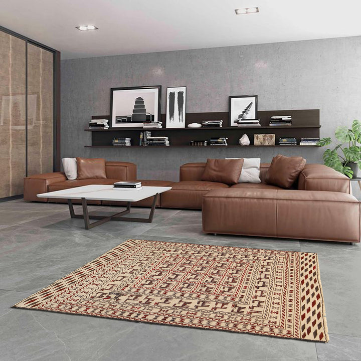 White Afghan Soumak Rug 4' 4" x 6' 2" Flat-Weave field