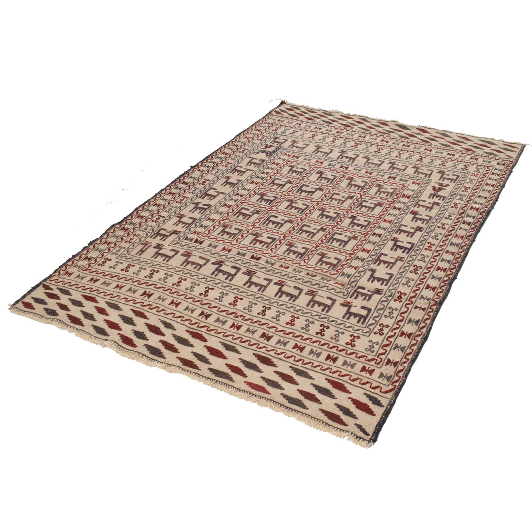 White Afghan Soumak Rug 4' 4" x 6' 2" Flat-Weave close-up