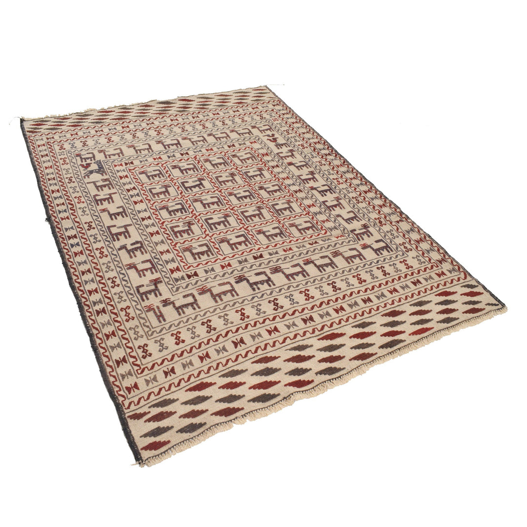 White Afghan Soumak Rug 4' 4" x 6' 2" Flat-Weave pattern