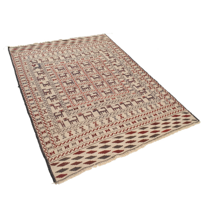 White Afghan Soumak Rug 4' 4" x 6' 2" Flat-Weave pattern