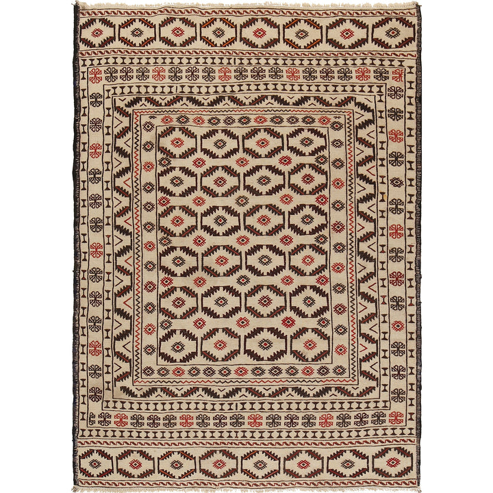 White Afghan Soumak Rug 4' 5" x 6' 1" Flat-Weave