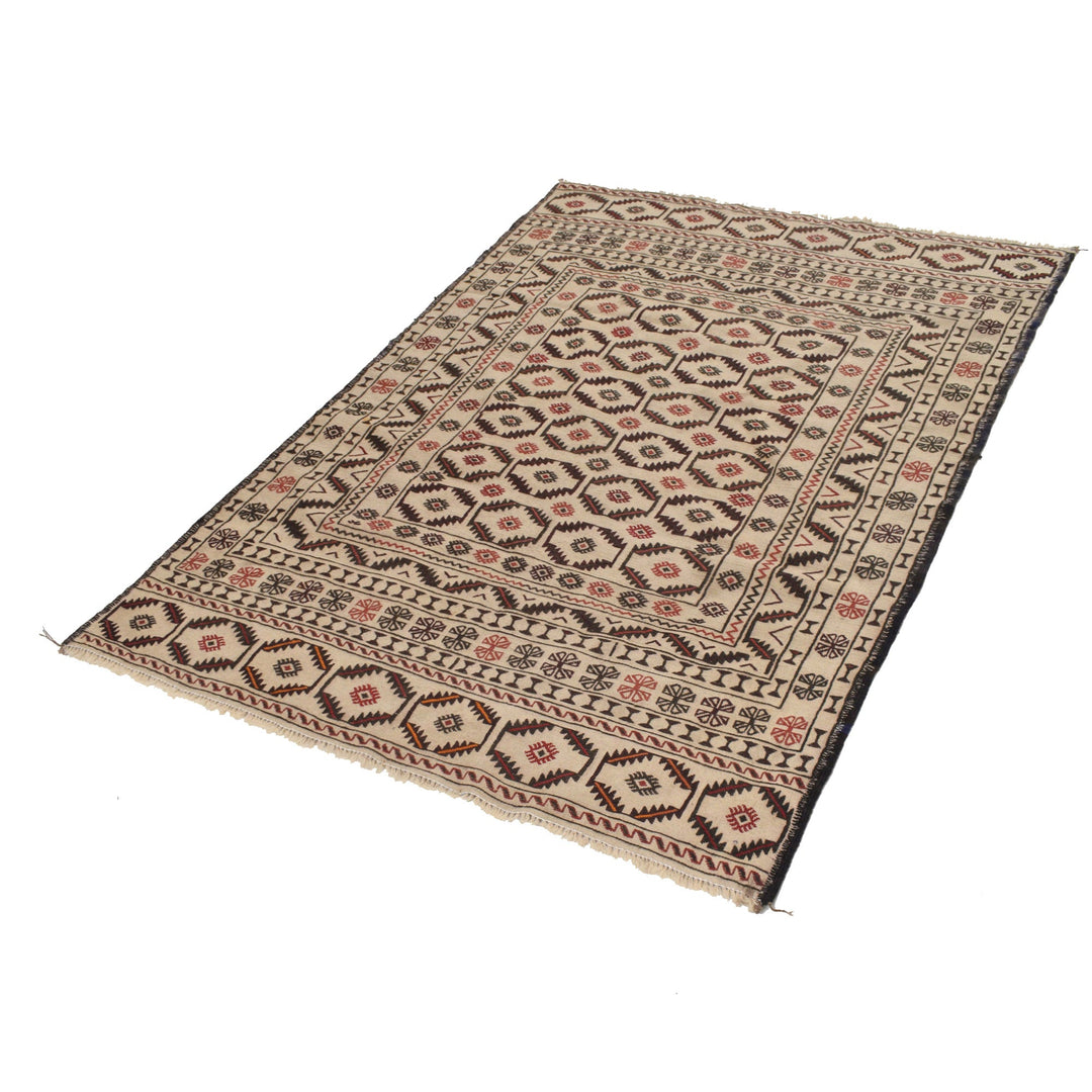White Afghan Soumak Rug 4' 5" x 6' 1" Flat-Weave close-up