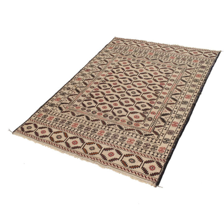 White Afghan Soumak Rug 4' 5" x 6' 1" Flat-Weave close-up