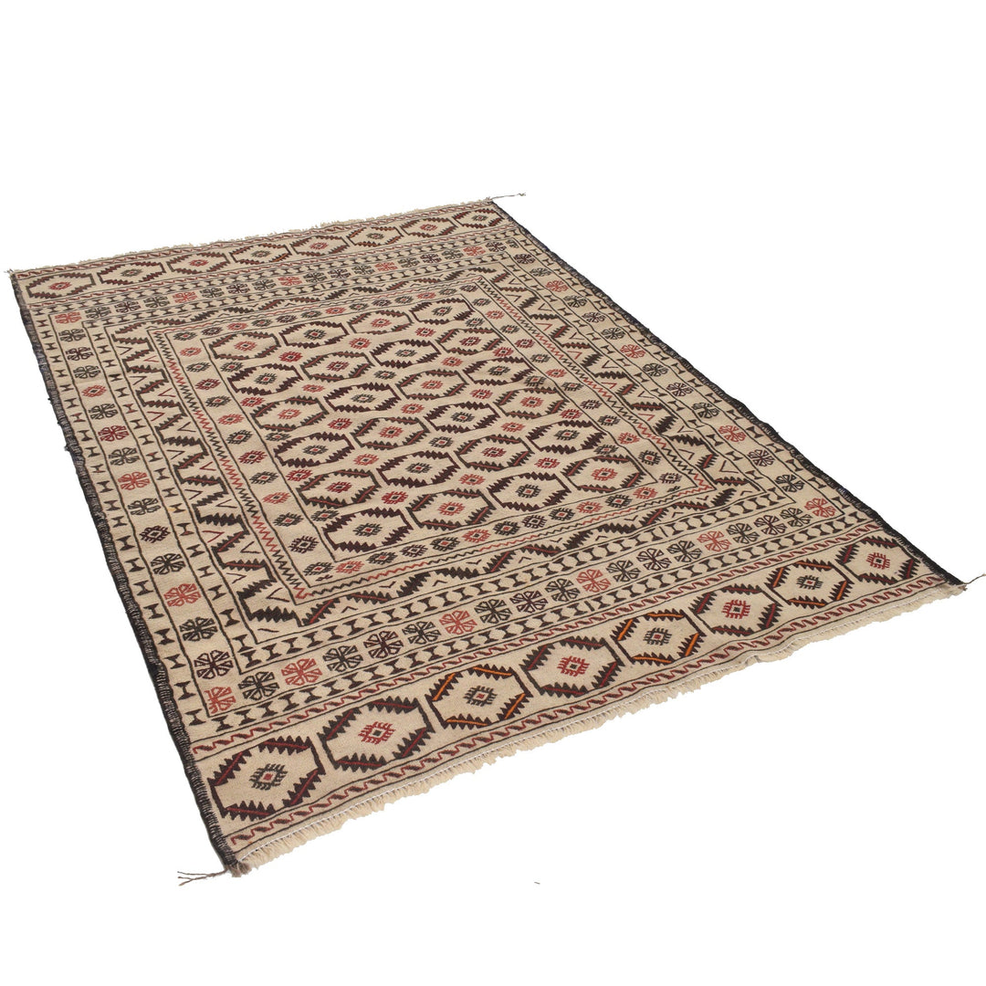 White Afghan Soumak Rug 4' 5" x 6' 1" Flat-Weave pattern