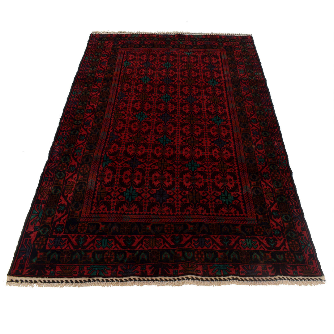 Red Afghan Baluchi Rug 4' 2" x 6' 1" Hand-Knotted detail