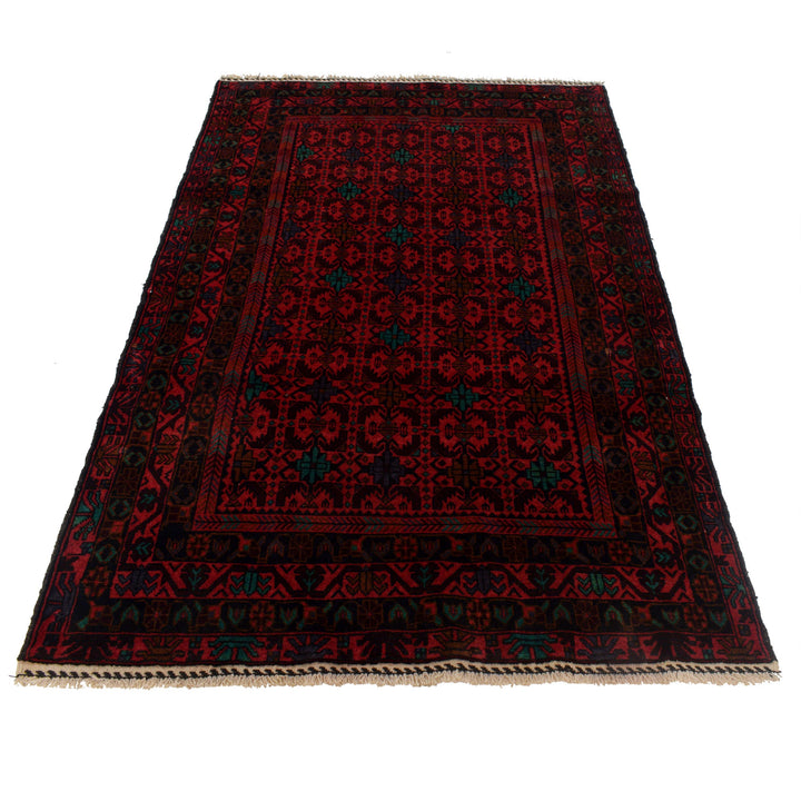 Red Afghan Baluchi Rug 4' 2" x 6' 1" Hand-Knotted detail