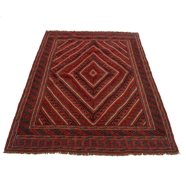 Deep Red Afghan Mashwani Rug 4' 6" x 5' 10" Hand-Knotted detail