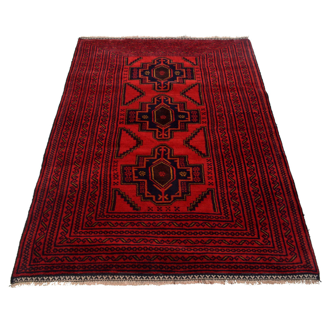 Red Afghan Baluchi Rug 4' 1" x 6' 1" Hand-Knotted detail