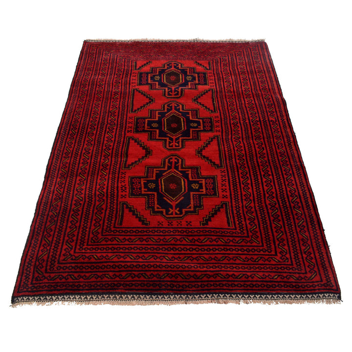 Red Afghan Baluchi Rug 4' 1" x 6' 1" Hand-Knotted detail