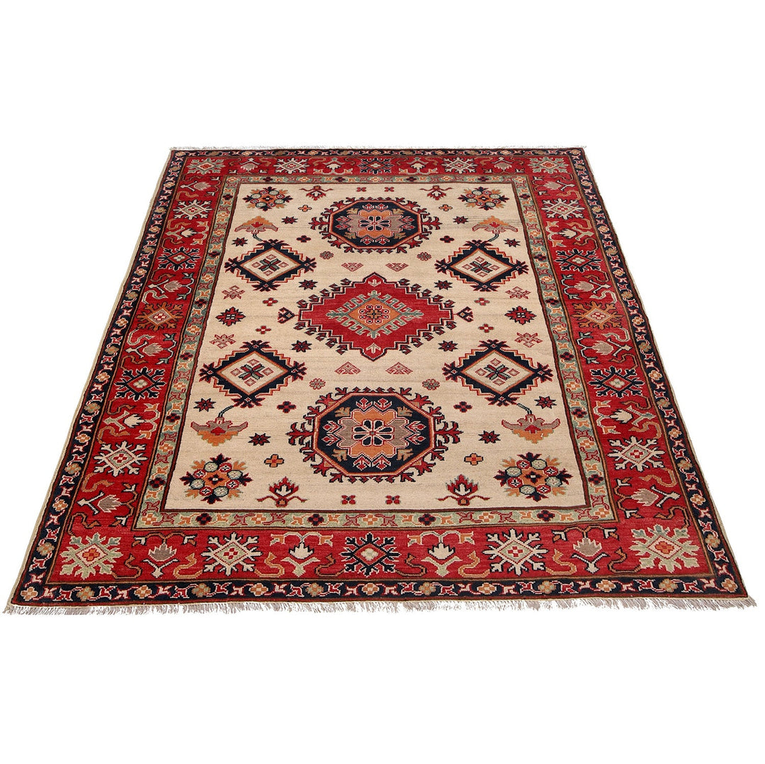 Beige Afghan Kazak Rug 5' 1" x 6' 3" Hand-Knotted | No. AL73448