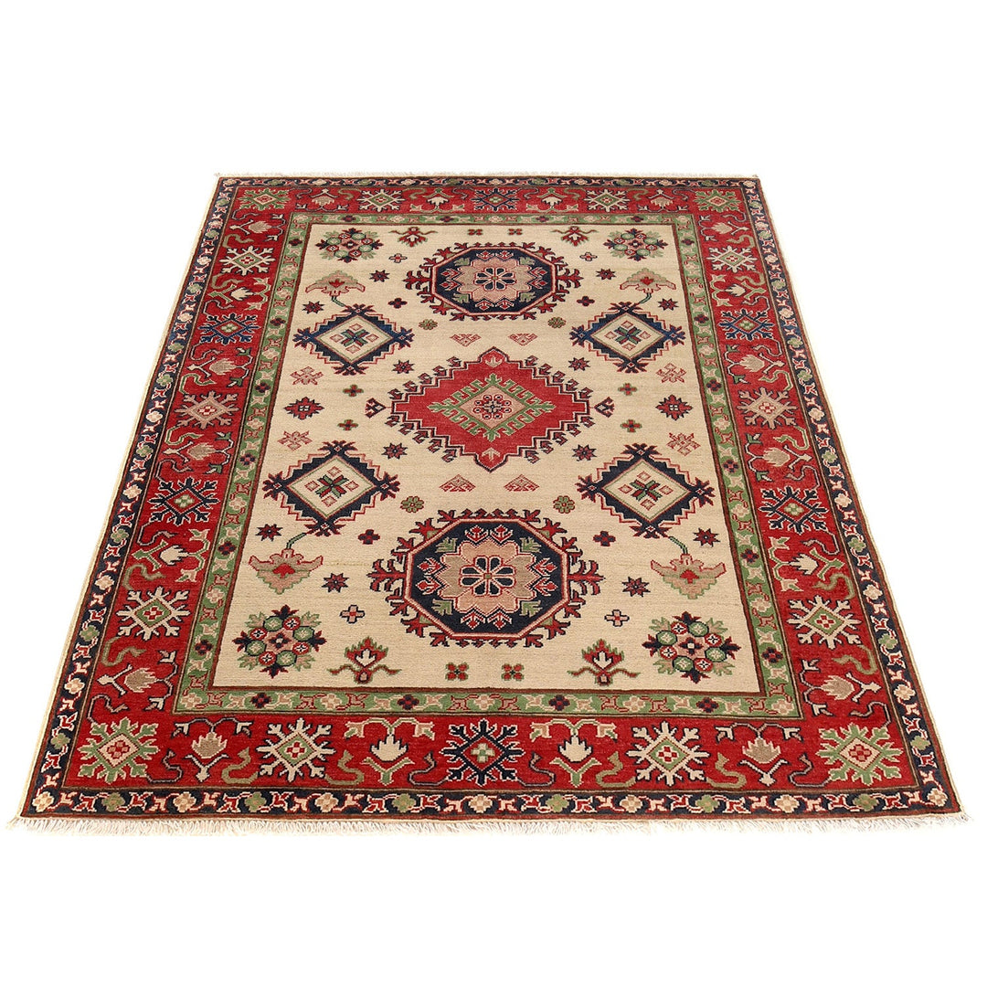 Beige Afghan Kazak Rug 5' 0" x 6' 5" Hand-Knotted | No. AL80525