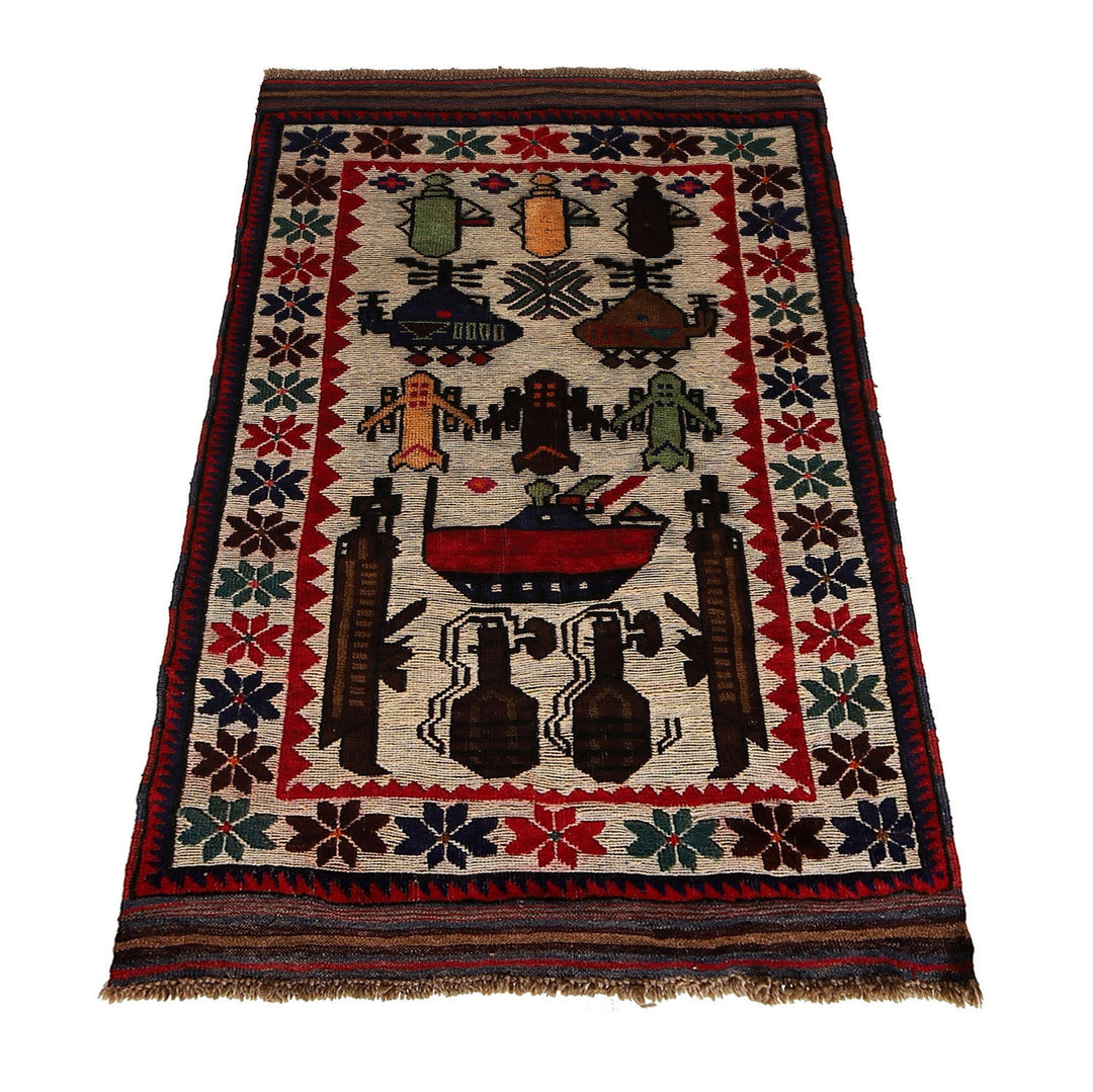 Ivory Afghan War Kilim Rug 2' 8" x 4' 6" Flat-Weave detail