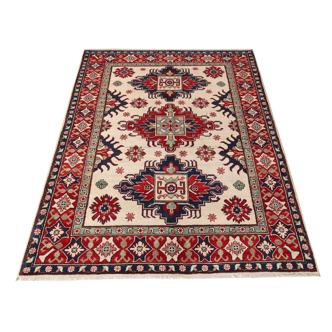 Beige Afghan Kazak Rug 4' 10" x 6' 9" Hand-Knotted detail