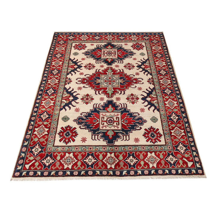 Beige Afghan Kazak Rug 4' 10" x 6' 9" Hand-Knotted detail