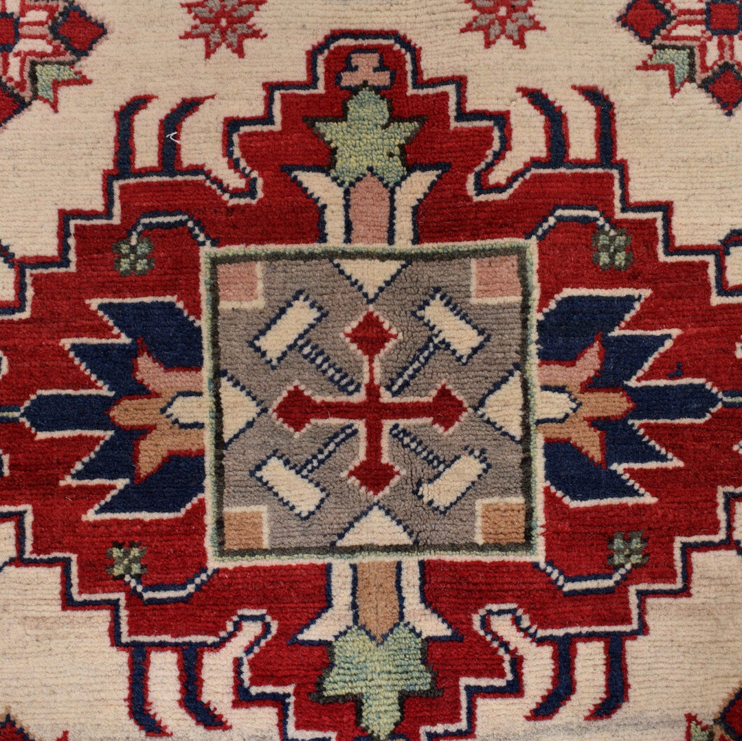 Beige Afghan Kazak Rug 4' 10" x 6' 9" Hand-Knotted close-up