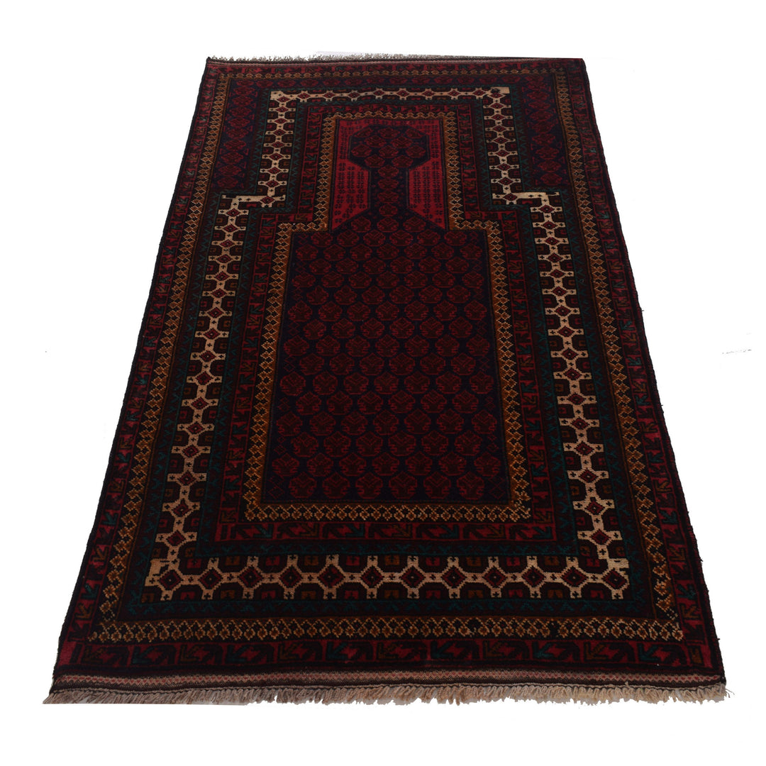 Red Afghan Prayer Rug 3' 1" x 5' 3" Hand-Knotted detail