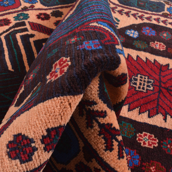 Afghan Baluchi Rug 3' 1" x 4' 11" Hand-Knotted close-up