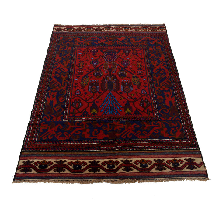 Red Afghan Baluchi Rug 3' 10" x 5' 9" Hand-Knotted detail