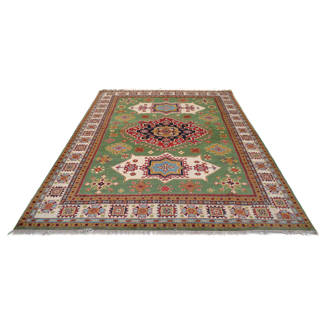 Green Afghan Kazak Rug 6' 2" x 9' 5" Hand-Knotted | No. AL10762