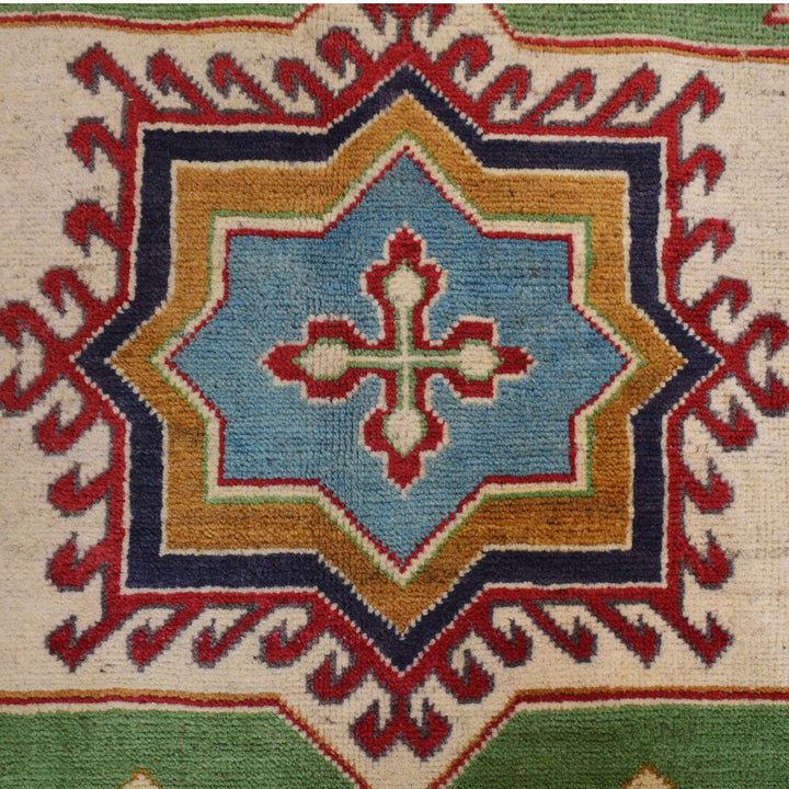 Green Afghan Kazak Rug 6' 2" x 9' 5" Hand-Knotted | No. AL10762