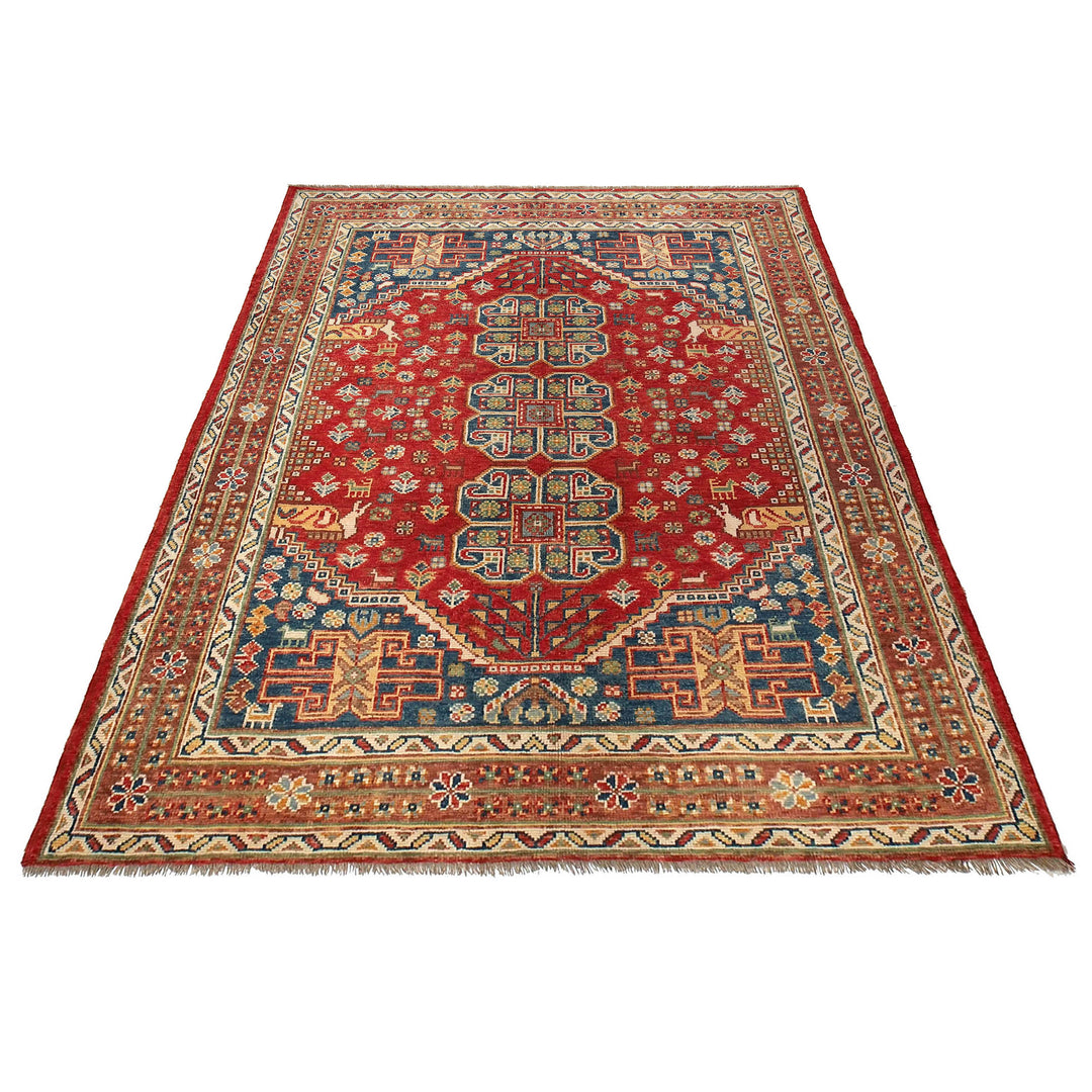 Red Afghan Shirazi Design Rug 5' 7" x 7' 7" Hand-Knotted detail