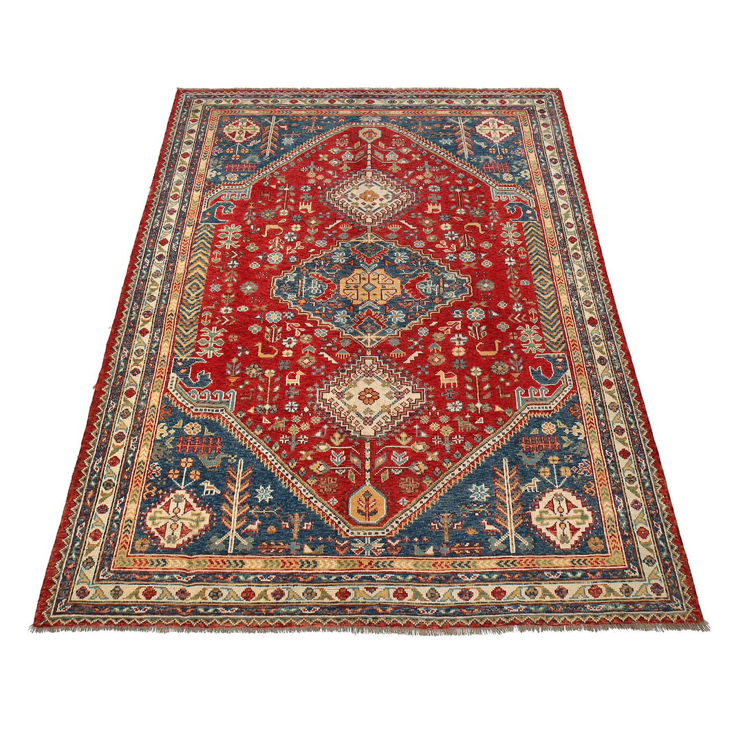 Red Afghan Shirazi Rug 6' 9" x 9' 7" Hand-Knotted detail