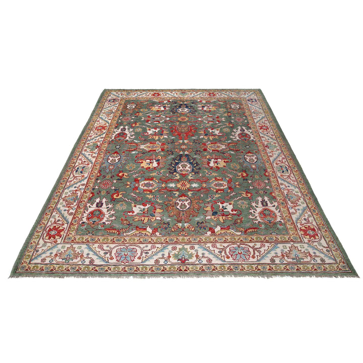 Sage Green Afghan Oushak Rug 9' 5" x 11' 10" Hand-Knotted detail