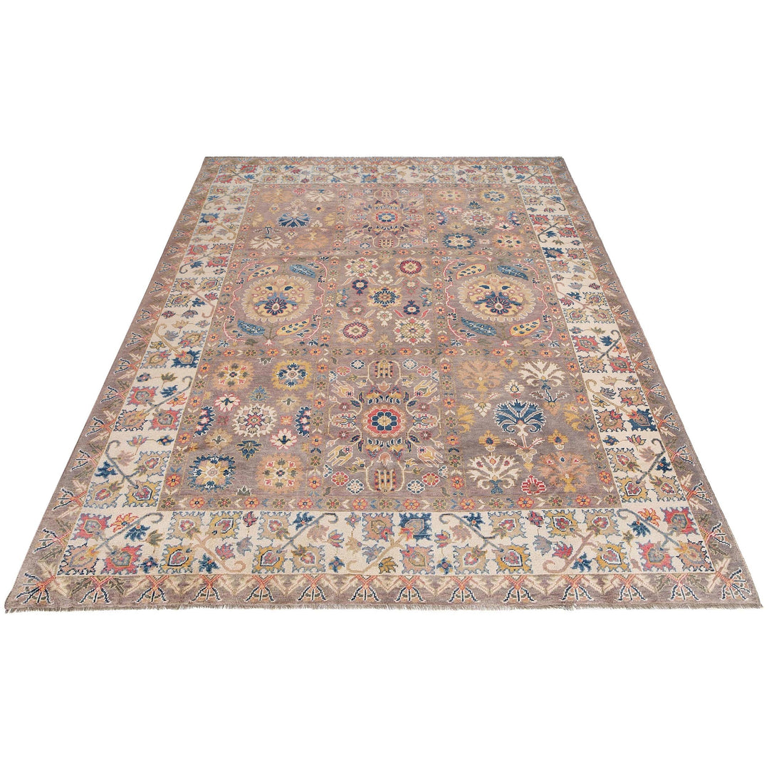 Muted Beige Afghan Oushak Rug 9' 1" x 11' 7" Hand-Knotted detail