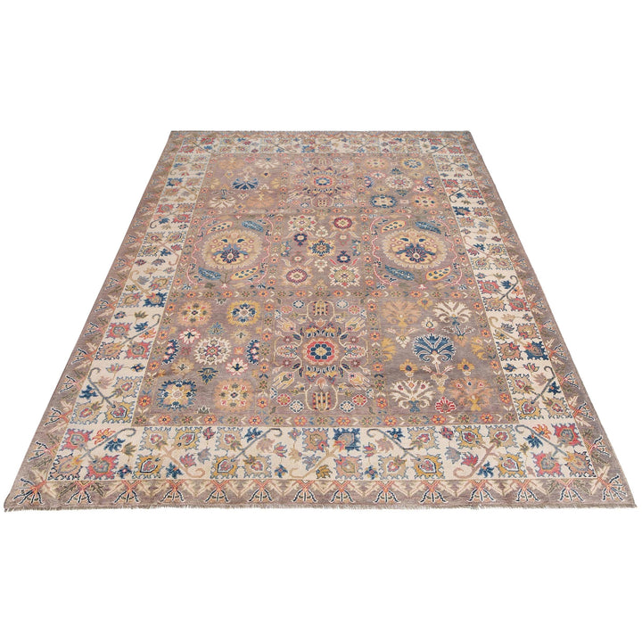Muted Beige Afghan Oushak Rug 9' 1" x 11' 7" Hand-Knotted detail