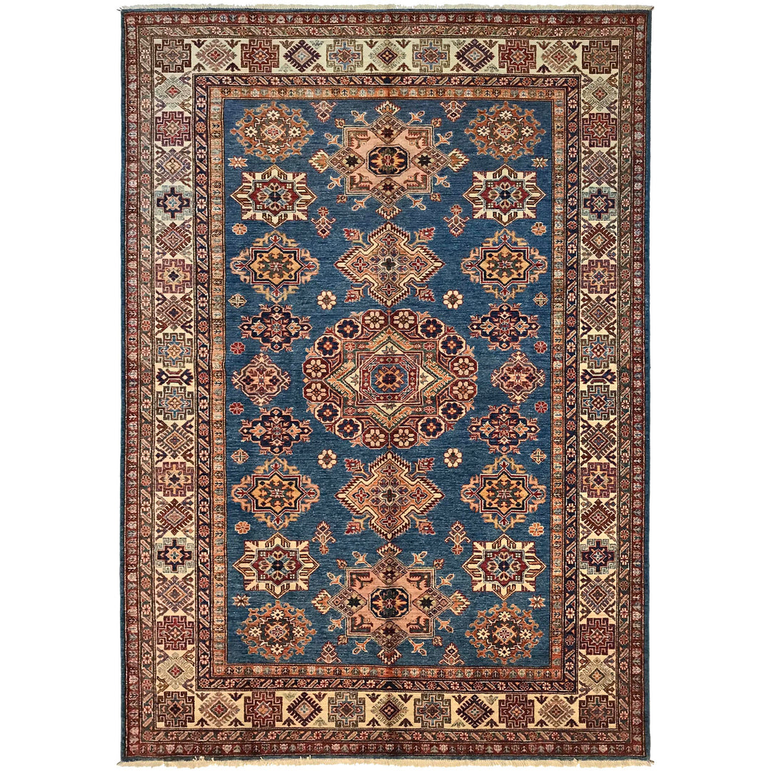 Blue Afghan Kazak Rug 6' 0" x 8' 8" Hand-Knotted