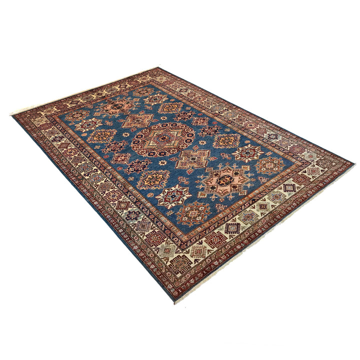 Blue Afghan Kazak Rug 6' 0" x 8' 8" Hand-Knotted detail