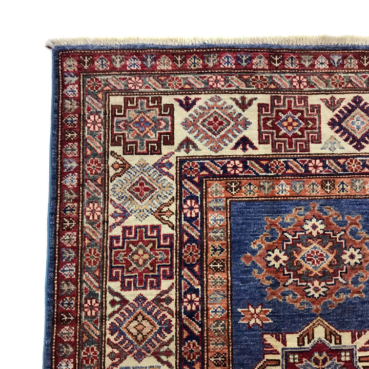 Blue Afghan Kazak Rug 6' 0" x 8' 8" Hand-Knotted close-up