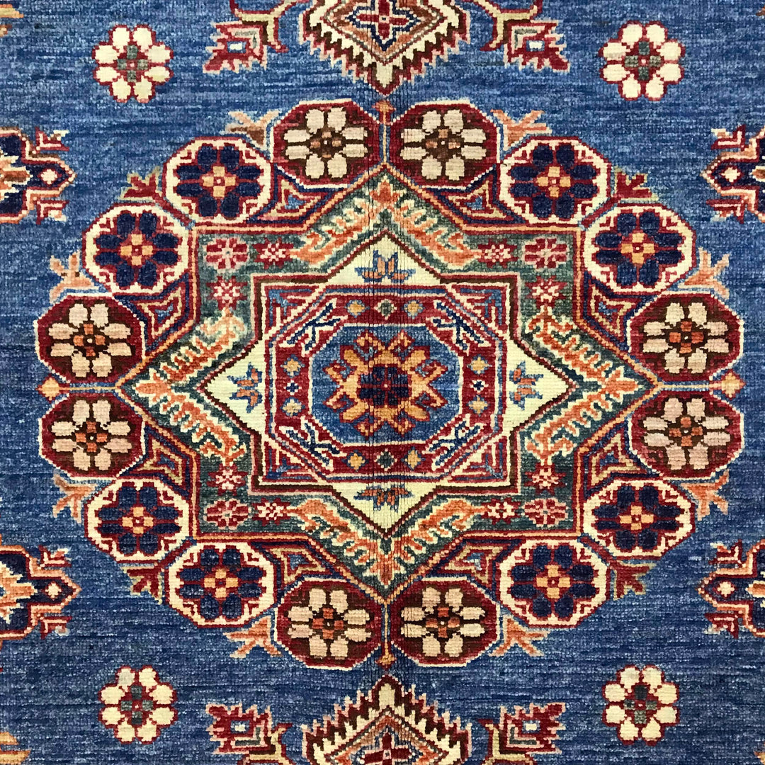 Blue Afghan Kazak Rug 6' 0" x 8' 8" Hand-Knotted pattern