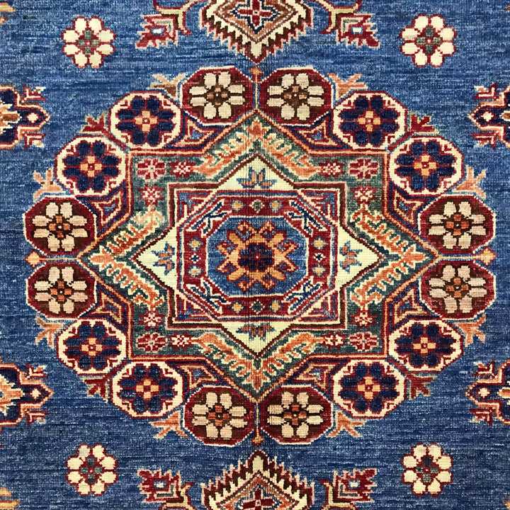 Blue Afghan Kazak Rug 6' 0" x 8' 8" Hand-Knotted pattern