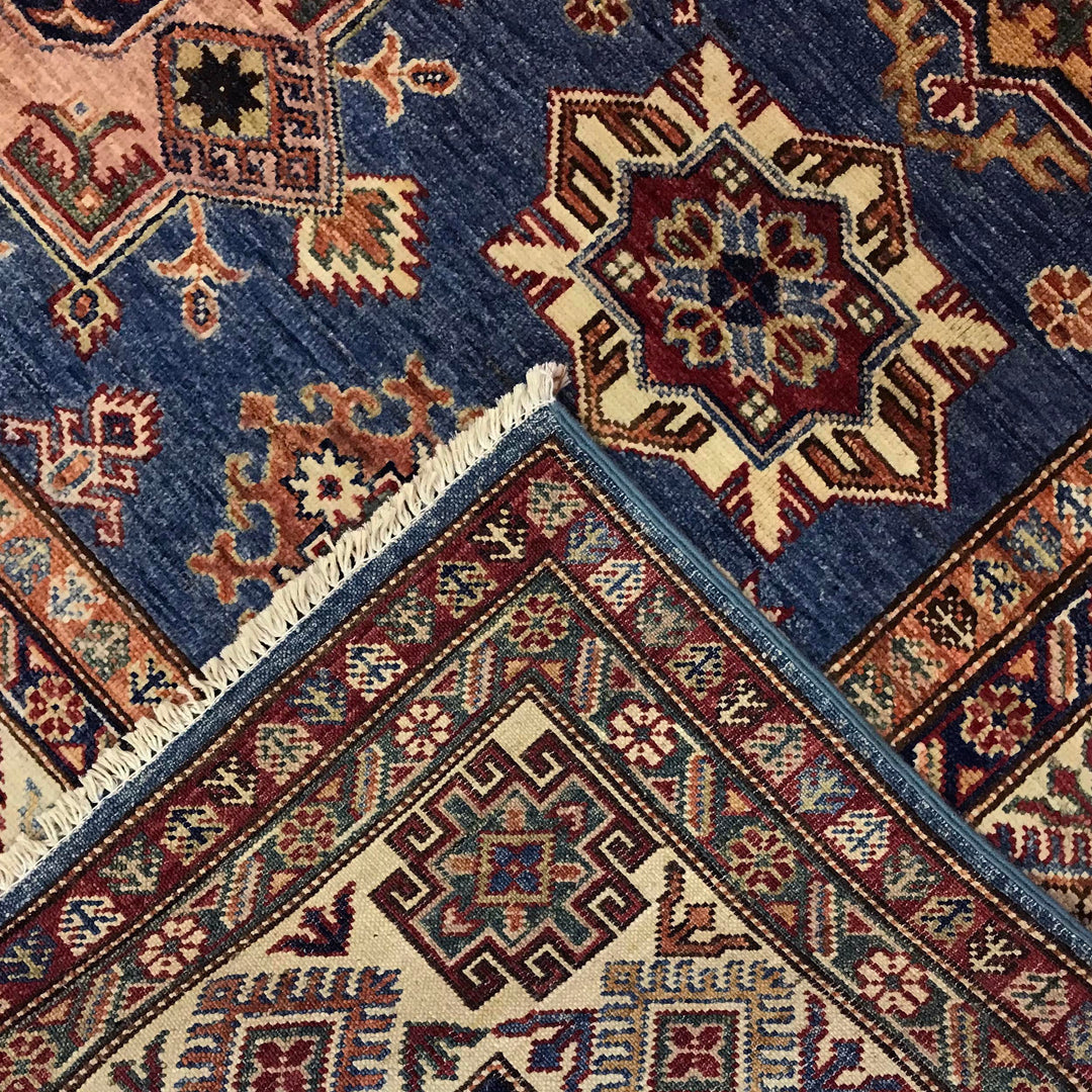 Blue Afghan Kazak Rug 6' 0" x 8' 8" Hand-Knotted border