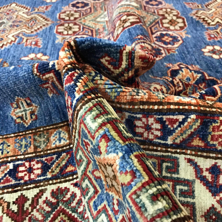 Blue Afghan Kazak Rug 6' 0" x 8' 8" Hand-Knotted texture