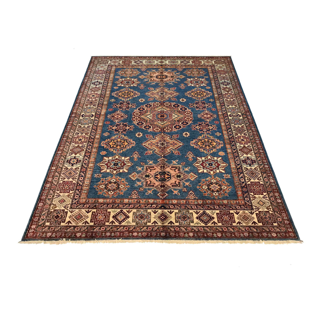 Blue Afghan Kazak Rug 6' 0" x 8' 8" Hand-Knotted reverse