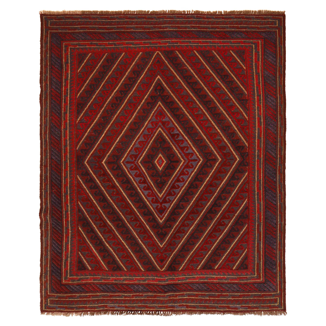 Red Afghan Mashwani Rug 4' 11" x 5' 11" Hand-Knotted