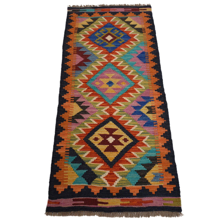 Colorful Flat-Weave Wool Kilim Runner 1' 10" x 4' 7" - No. AL67713